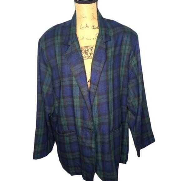 Vintage 90s Dark Green Navy Plaid Grunge Oversized Blazer Size 18/20 XXXL - Picture 1 of 12